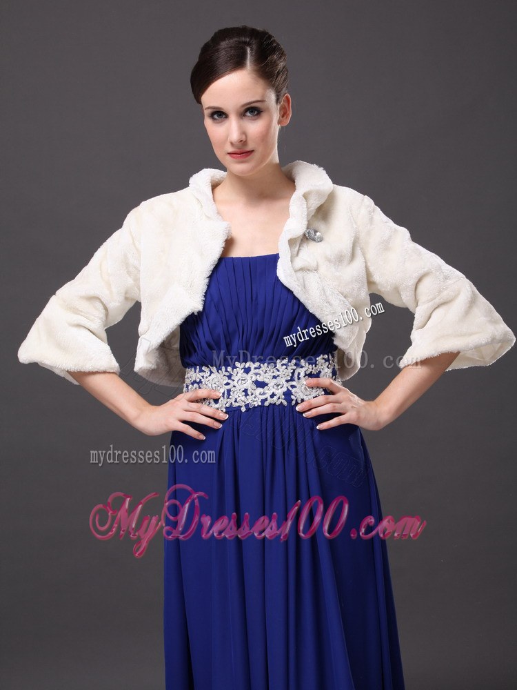 White Faux Fur Open Front Fold-over Collar Prom Jacket