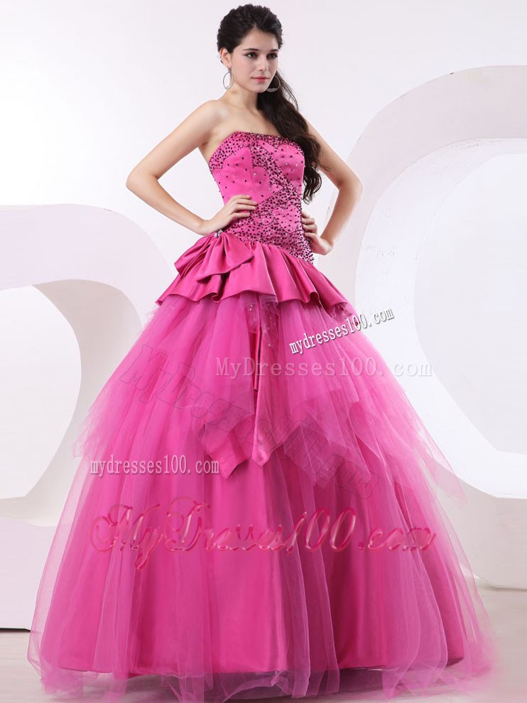 Hot Pink A-line Beaded Bust and Bowknot Quinceanera Dress