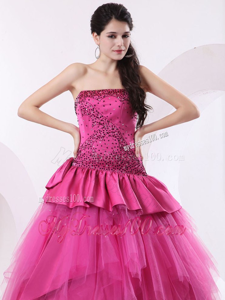 Hot Pink A-line Beaded Bust and Bowknot Quinceanera Dress