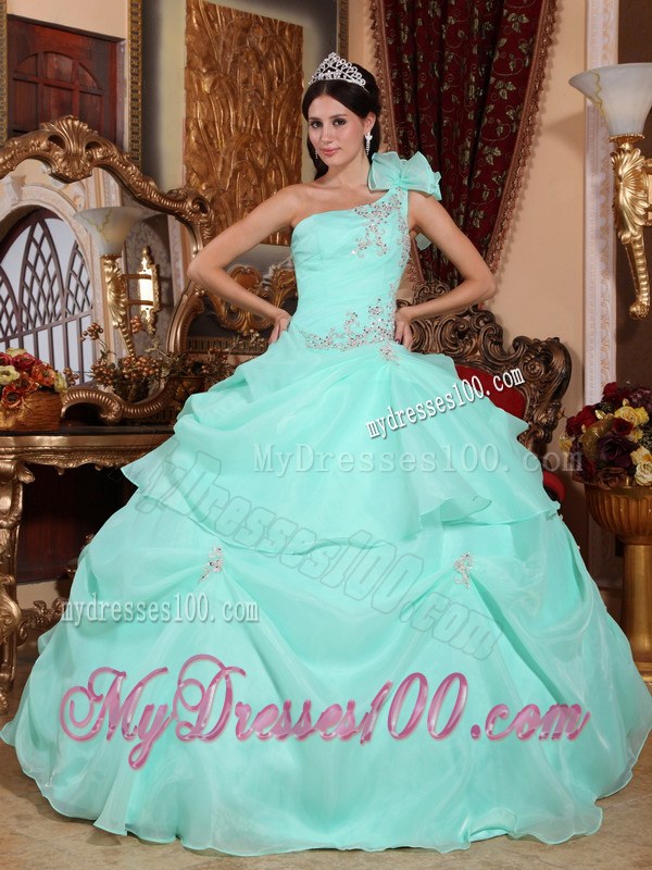 Apple Green One Ruffled Shoulder Appliques Organza dress for quinceanera