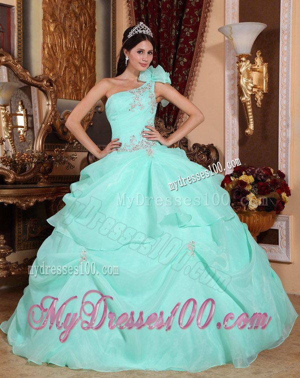 Apple Green One Ruffled Shoulder Appliques Organza dress for quinceanera