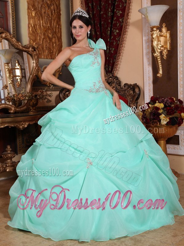 Apple Green One Ruffled Shoulder Appliques Organza dress for quinceanera