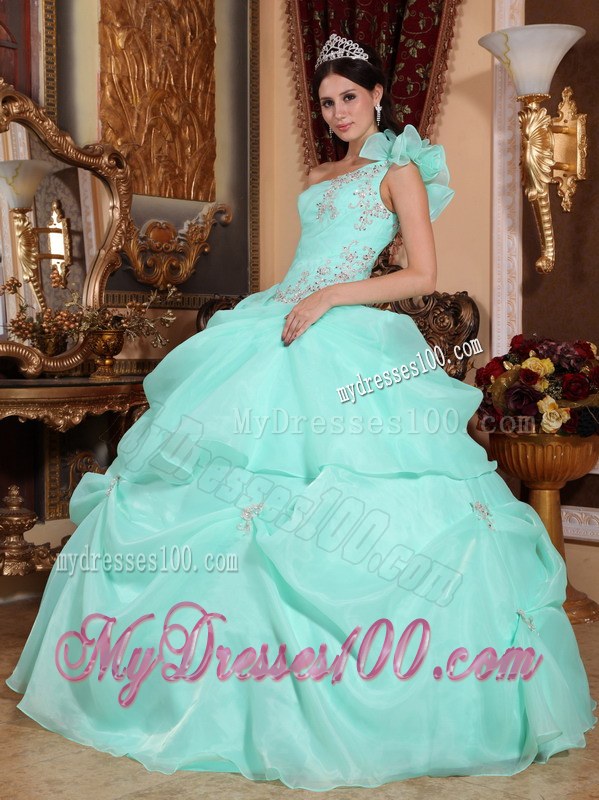 Apple Green One Ruffled Shoulder Appliques Organza dress for quinceanera