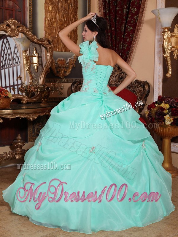Apple Green One Ruffled Shoulder Appliques Organza dress for quinceanera