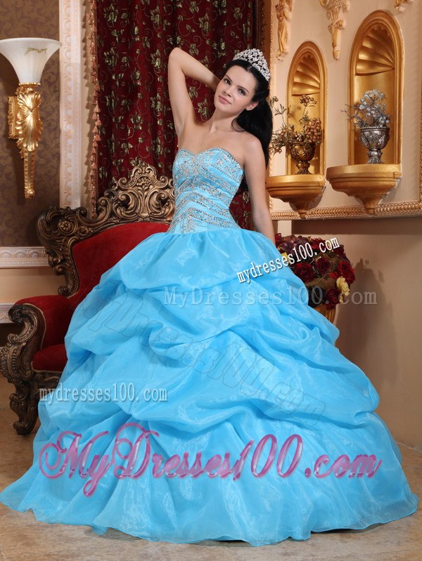 Sweetheart Aqua Blue Organza Beading Quinceanera Dress Floor-length
