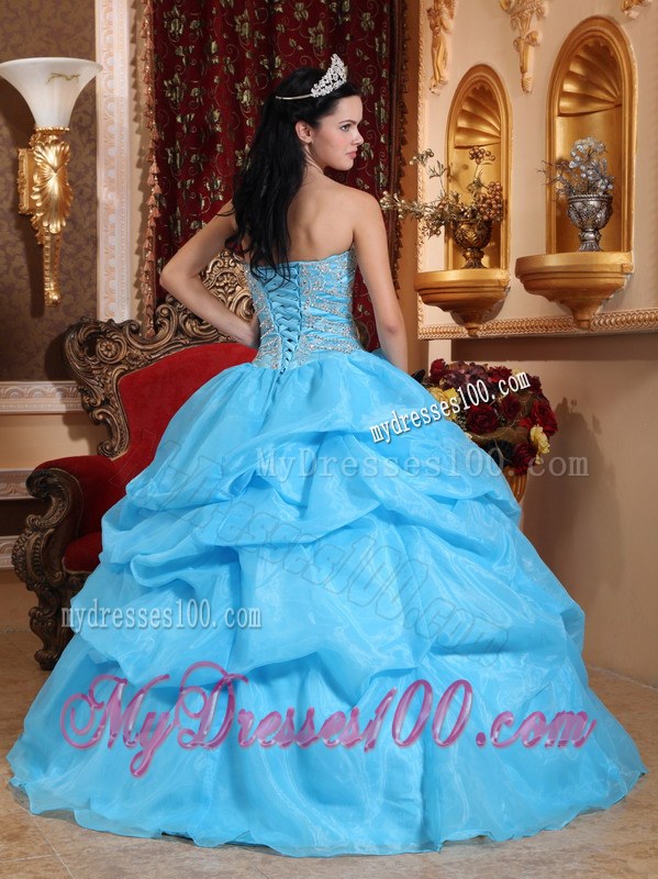 Sweetheart Aqua Blue Organza Beading Quinceanera Dress Floor-length