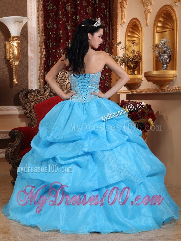 Sweetheart Aqua Blue Organza Beading Quinceanera Dress Floor-length