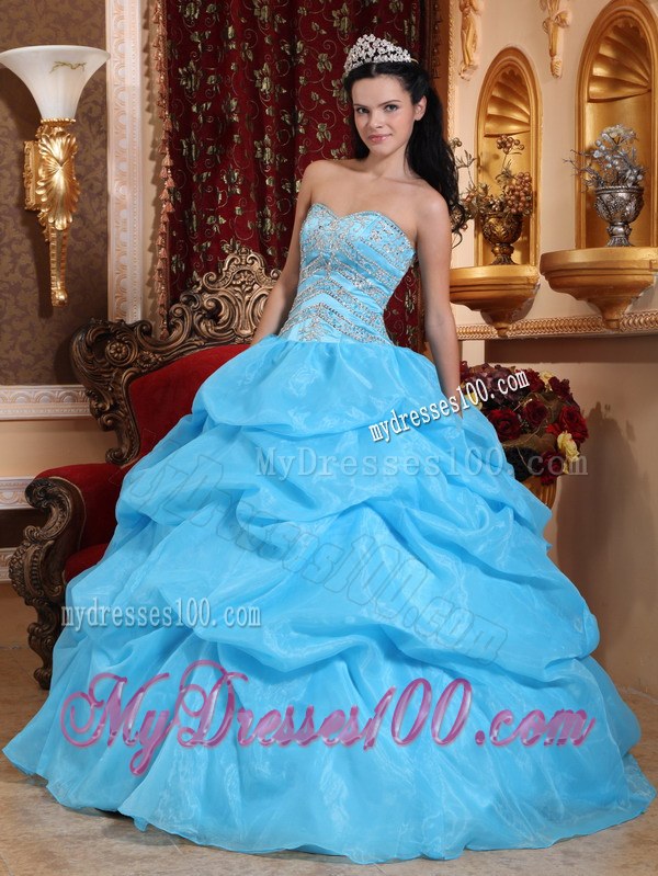 Sweetheart Aqua Blue Organza Beading Quinceanera Dress Floor-length
