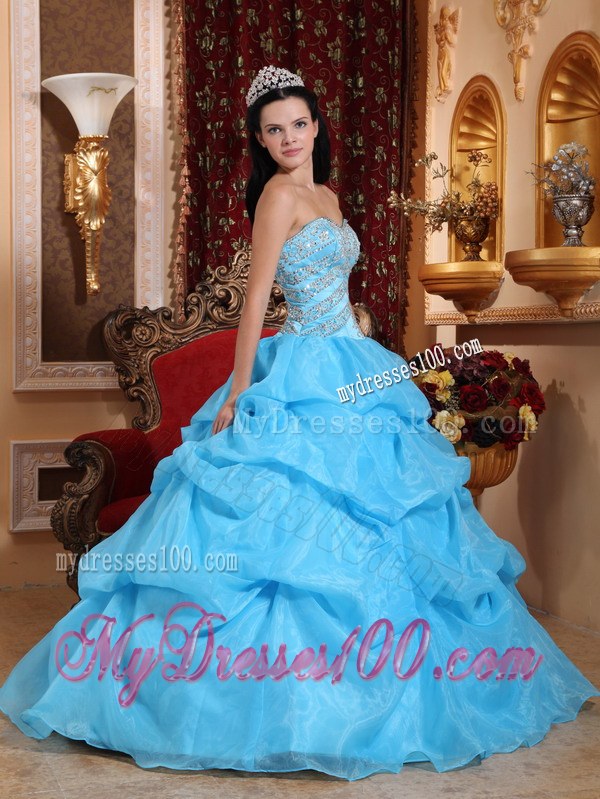 Sweetheart Aqua Blue Organza Beading Quinceanera Dress Floor-length