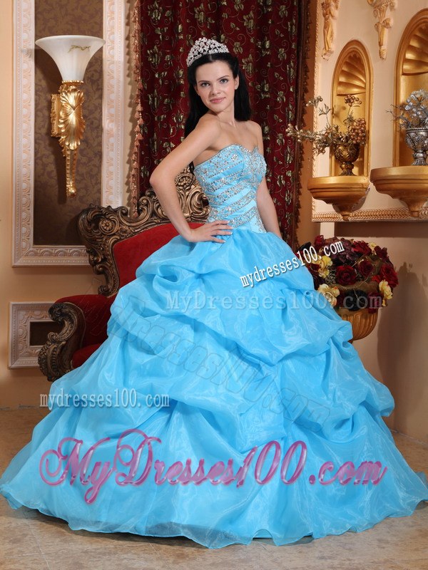Sweetheart Aqua Blue Organza Beading Quinceanera Dress Floor-length