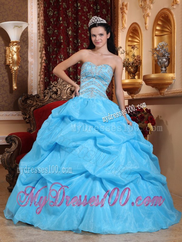 Sweetheart Aqua Blue Organza Beading Quinceanera Dress Floor-length