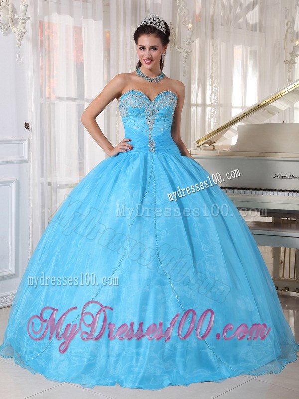 Baby Blue Ball Gown Sweetheart Floor-length Taffeta and Organza Appliques Quinceanera Dress