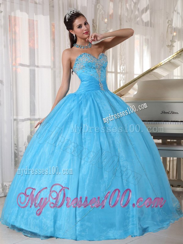 Baby Blue Ball Gown Sweetheart Floor-length Taffeta and Organza Appliques Quinceanera Dress