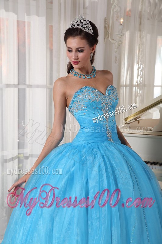 Baby Blue Ball Gown Sweetheart Floor-length Taffeta and Organza Appliques Quinceanera Dress