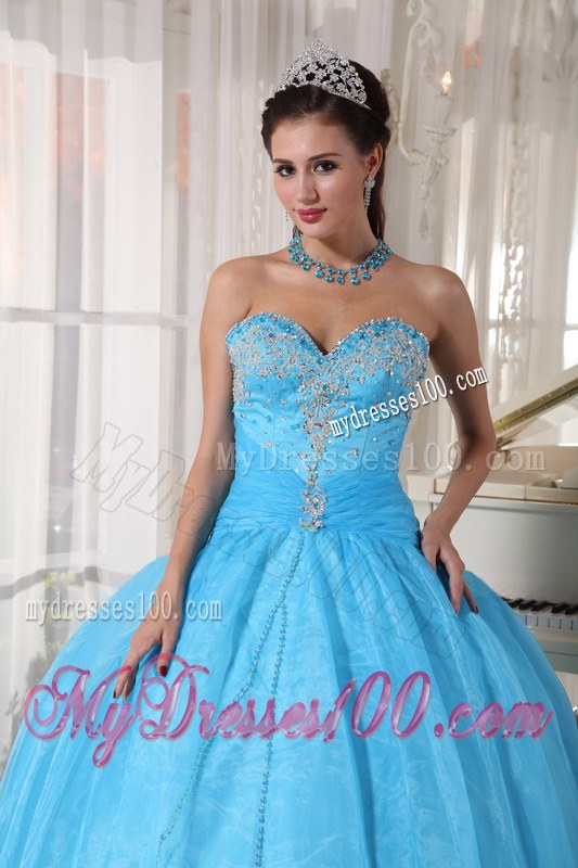 Baby Blue Ball Gown Sweetheart Floor-length Taffeta and Organza Appliques Quinceanera Dress