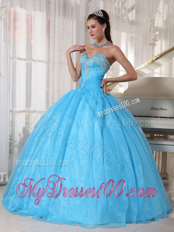 Baby Blue Ball Gown Sweetheart Floor-length Taffeta and Organza Appliques Quinceanera Dress