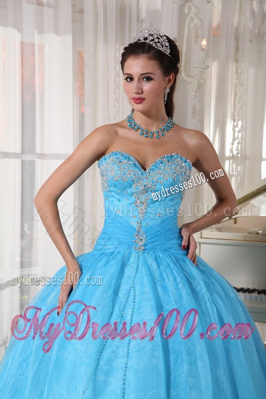 Baby Blue Ball Gown Sweetheart Floor-length Taffeta and Organza Appliques Quinceanera Dress