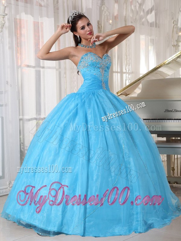 Baby Blue Ball Gown Sweetheart Floor-length Taffeta and Organza Appliques Quinceanera Dress