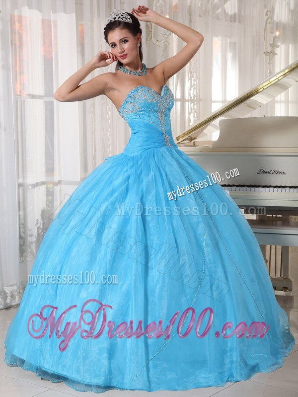 Baby Blue Ball Gown Sweetheart Floor-length Taffeta and Organza Appliques Quinceanera Dress
