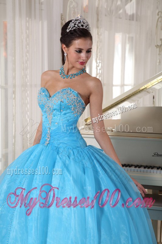 Baby Blue Ball Gown Sweetheart Floor-length Taffeta and Organza Appliques Quinceanera Dress