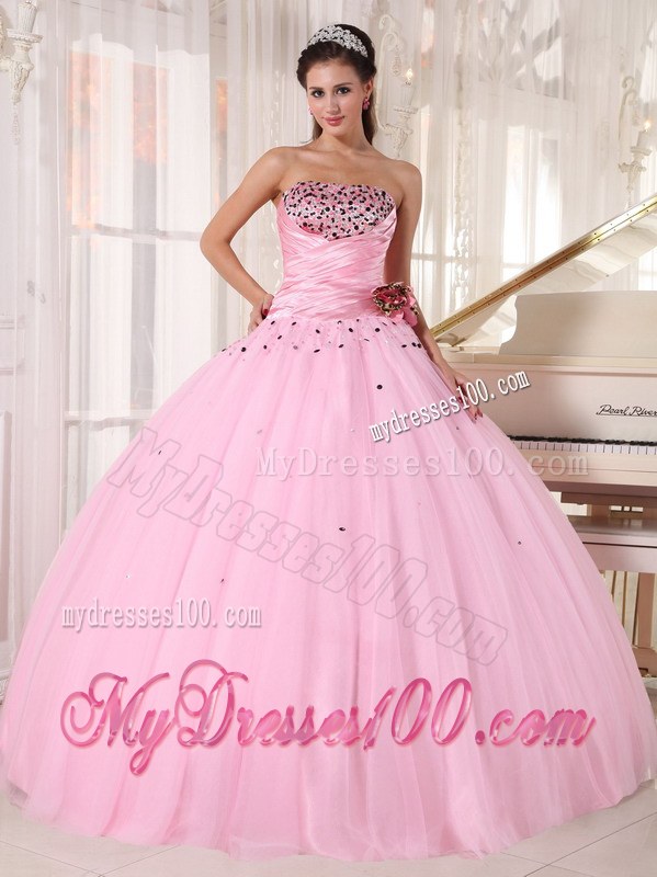 Baby Pink Strapless Long Beaded and Ruched Quinceanera Dress