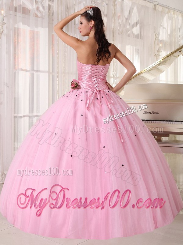Baby Pink Strapless Long Beaded and Ruched Quinceanera Dress