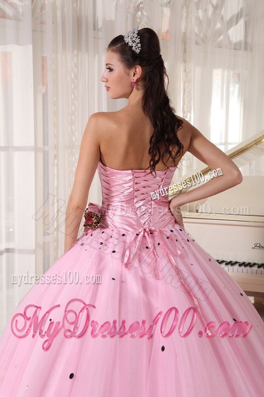 Baby Pink Strapless Long Beaded and Ruched Quinceanera Dress