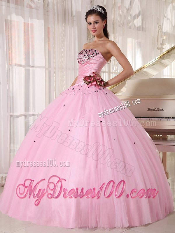 Baby Pink Strapless Long Beaded and Ruched Quinceanera Dress