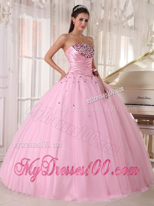 Baby Pink Strapless Long Beaded and Ruched Quinceanera Dress