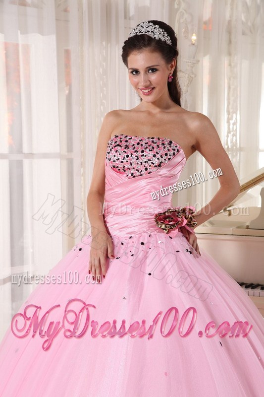 Baby Pink Strapless Long Beaded and Ruched Quinceanera Dress