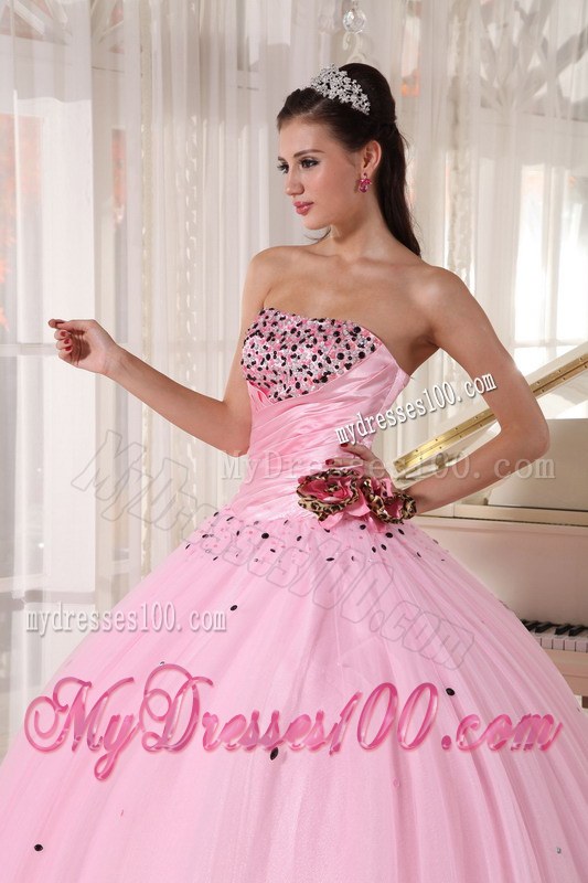 Baby Pink Strapless Long Beaded and Ruched Quinceanera Dress