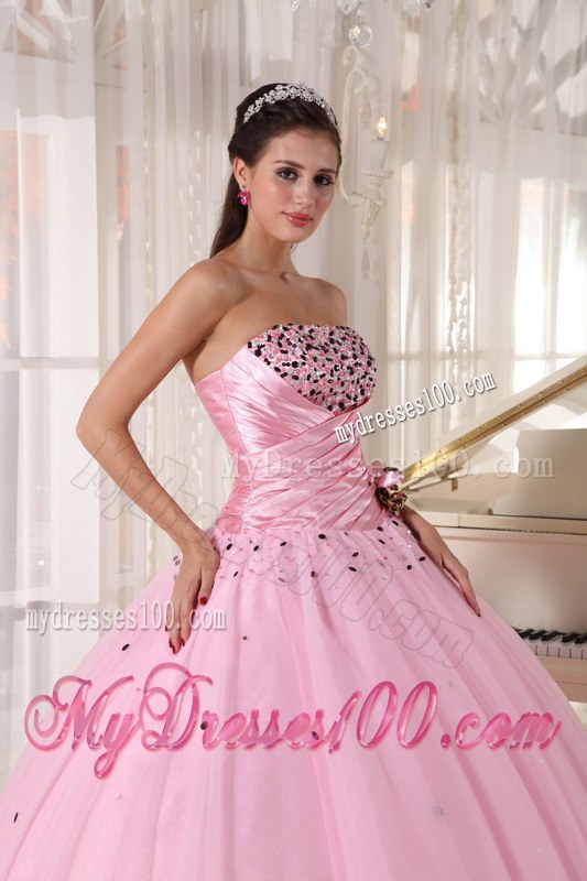 Baby Pink Strapless Long Beaded and Ruched Quinceanera Dress