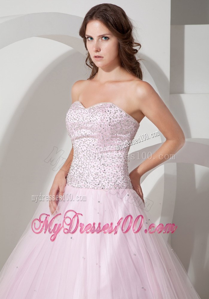 Baby Pink Sweetheart Tulle Quinceanera Dress Beaded Bust