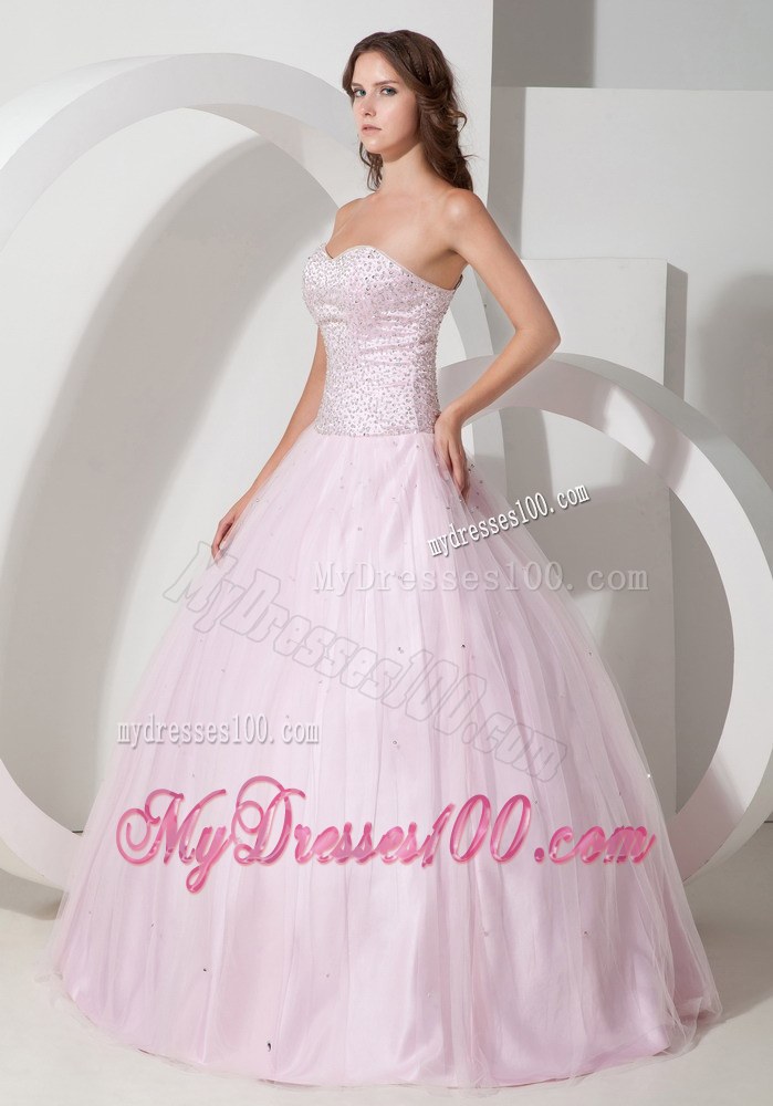 Baby Pink Sweetheart Tulle Quinceanera Dress Beaded Bust