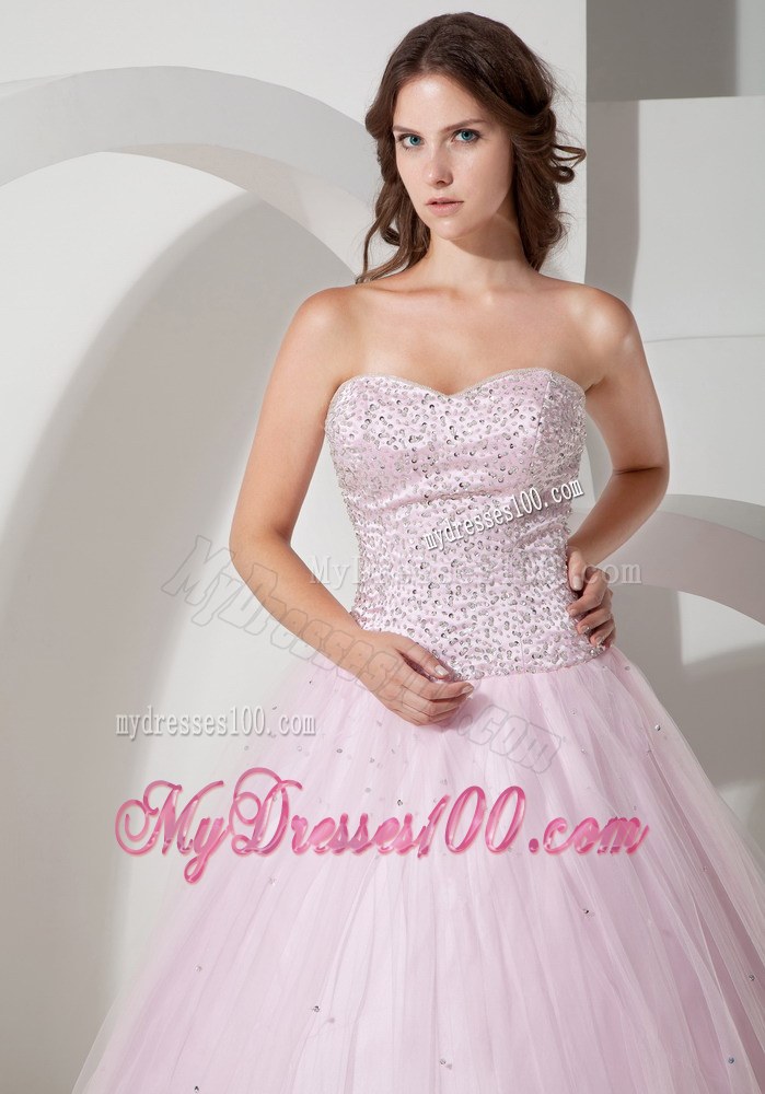 Baby Pink Sweetheart Tulle Quinceanera Dress Beaded Bust