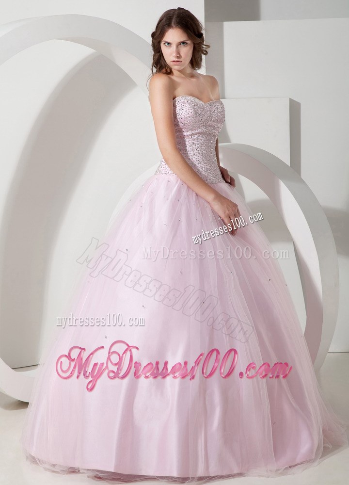 Baby Pink Sweetheart Tulle Quinceanera Dress Beaded Bust