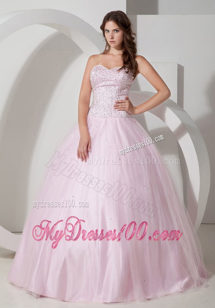 Baby Pink Sweetheart Tulle Quinceanera Dress Beaded Bust