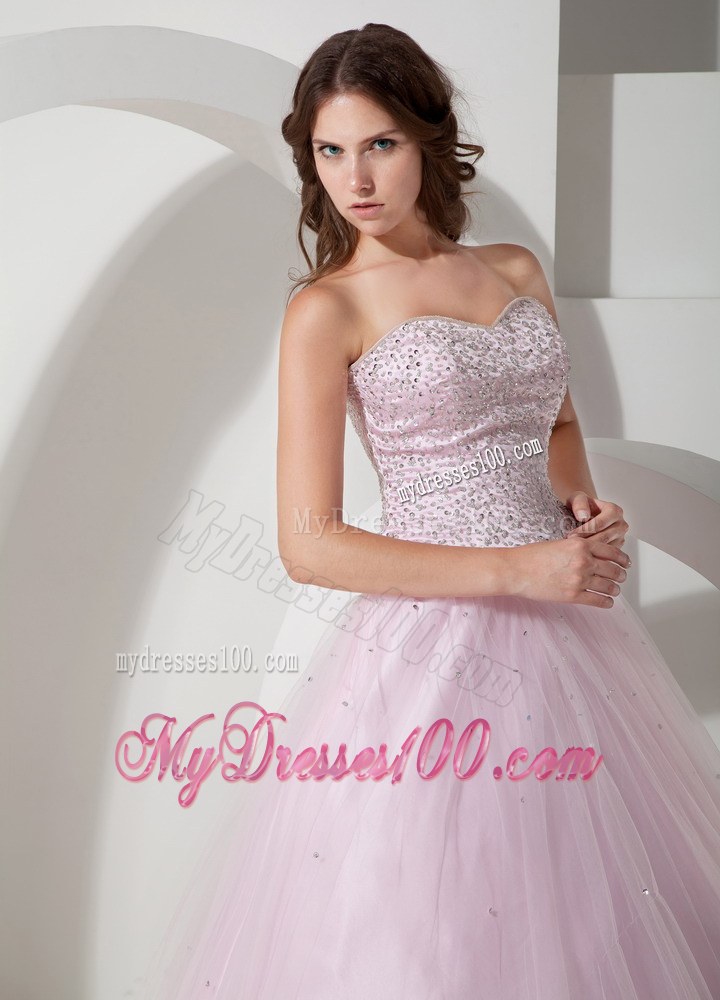 Baby Pink Sweetheart Tulle Quinceanera Dress Beaded Bust