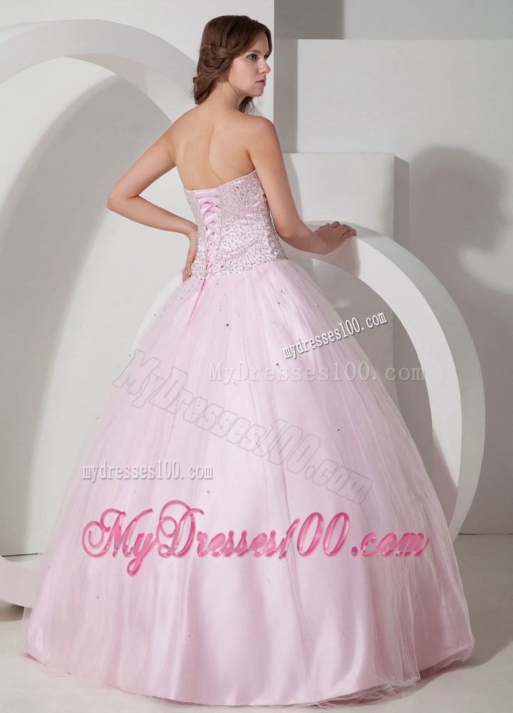 Baby Pink Sweetheart Tulle Quinceanera Dress Beaded Bust