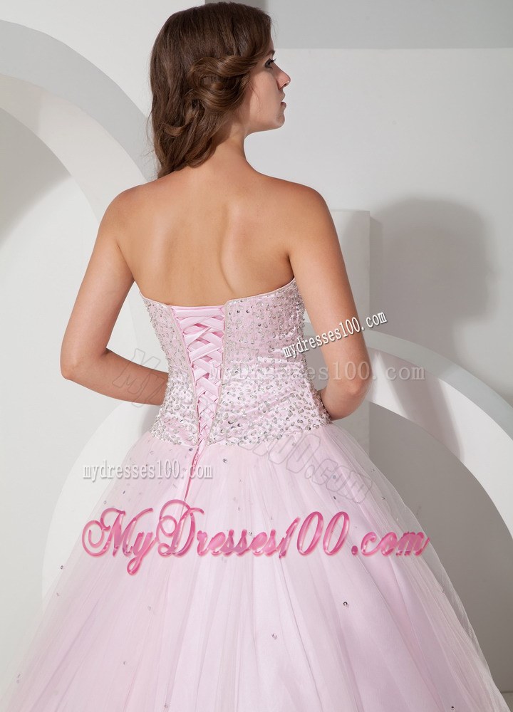Baby Pink Sweetheart Tulle Quinceanera Dress Beaded Bust