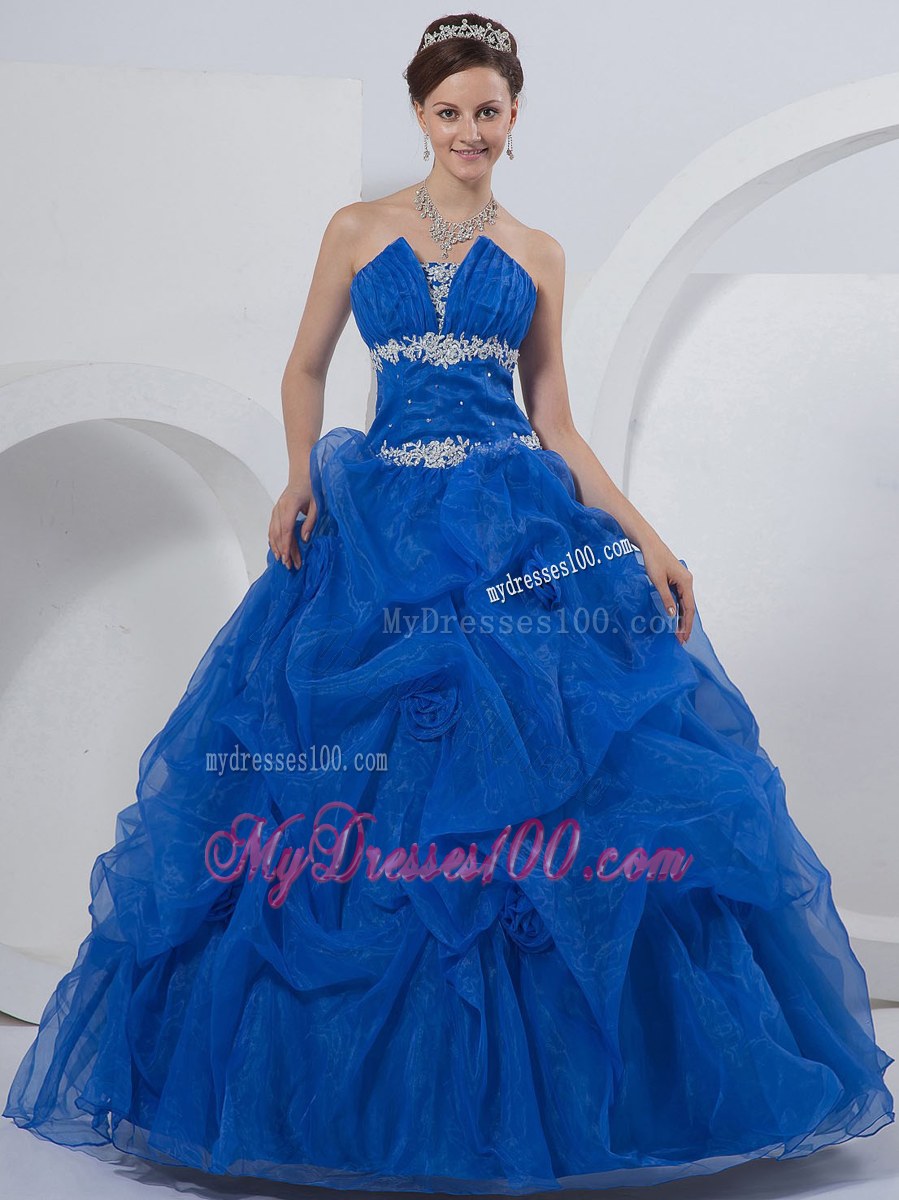 Strapless Hand Made Flowers Quinceanera Dress in Royal Blue