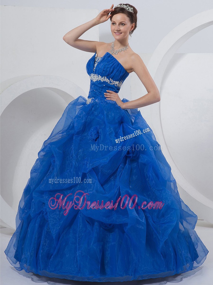Strapless Hand Made Flowers Quinceanera Dress in Royal Blue