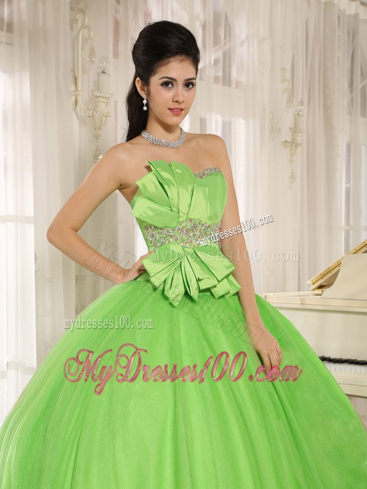 Beading and Bowknot Accent Floor-length Dresses 15 in Spring Green