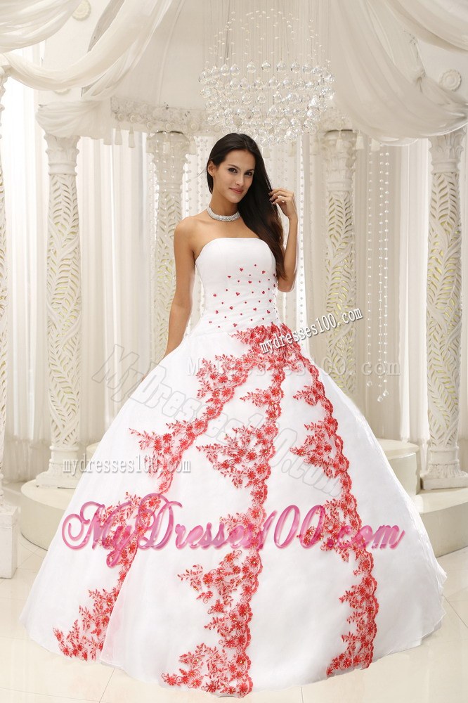 Long White Strapless Quinceanera Gown with Red Embroidery