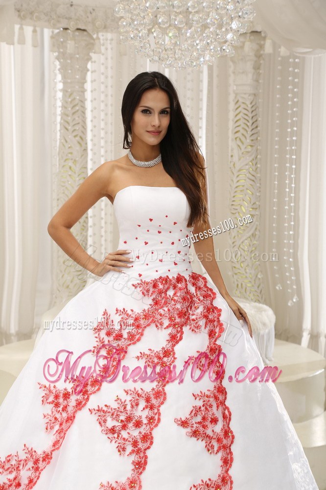 Long White Strapless Quinceanera Gown with Red Embroidery