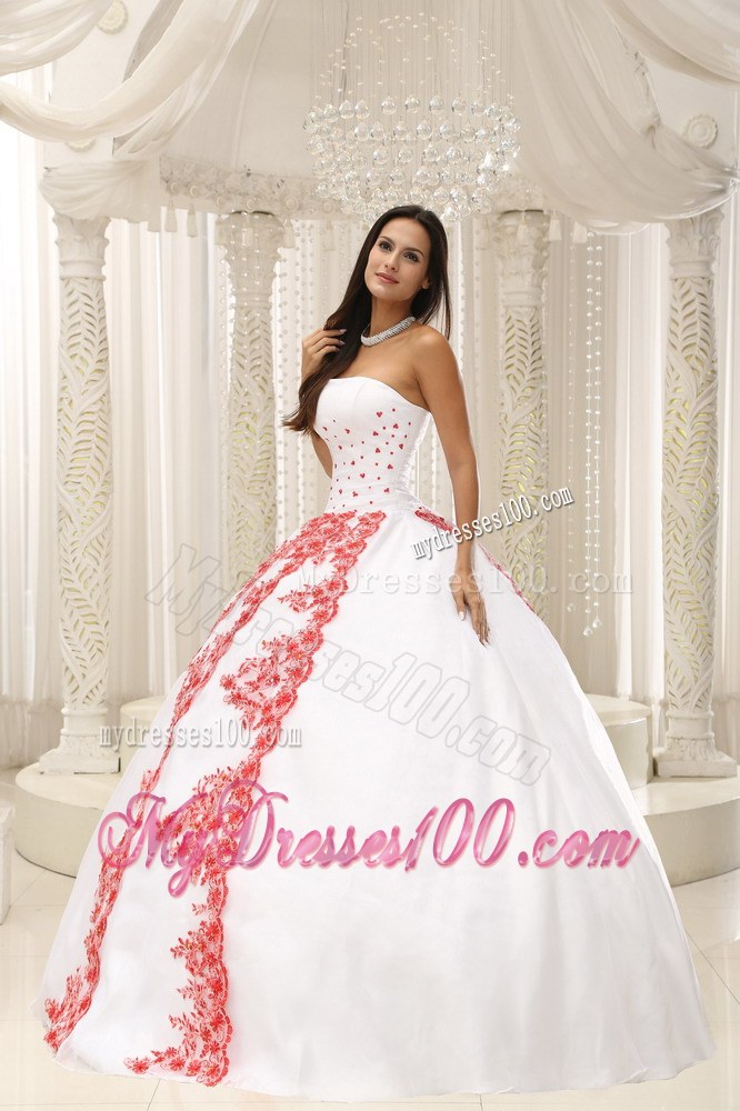 Long White Strapless Quinceanera Gown with Red Embroidery
