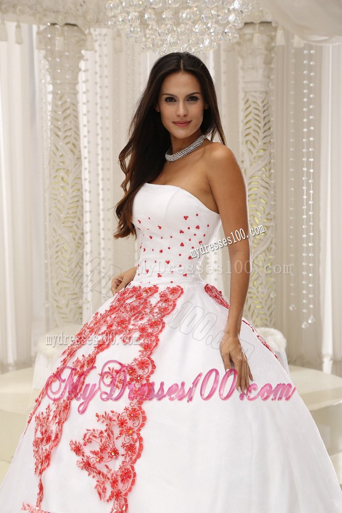 Long White Strapless Quinceanera Gown with Red Embroidery
