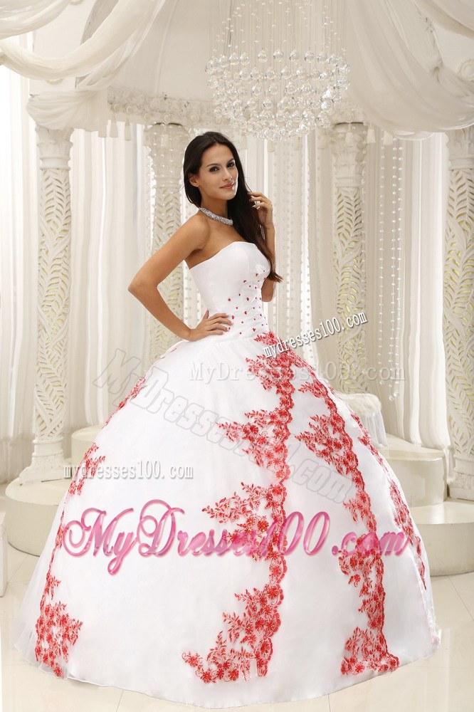 Long White Strapless Quinceanera Gown with Red Embroidery