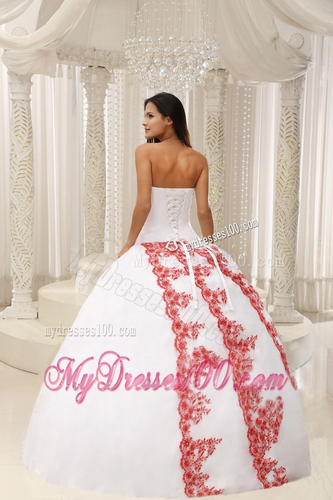 Long White Strapless Quinceanera Gown with Red Embroidery
