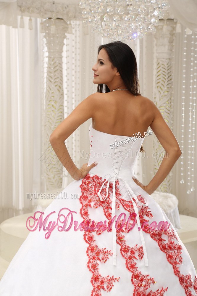 Long White Strapless Quinceanera Gown with Red Embroidery